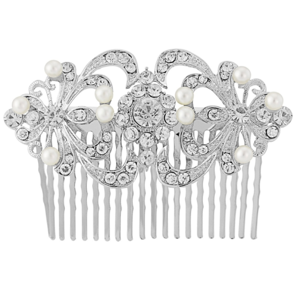 Chic hair comb in a vintage inspired design with ivory simulated pearls and clear crystals on a silver tone finish - measures approx 6.5cm long