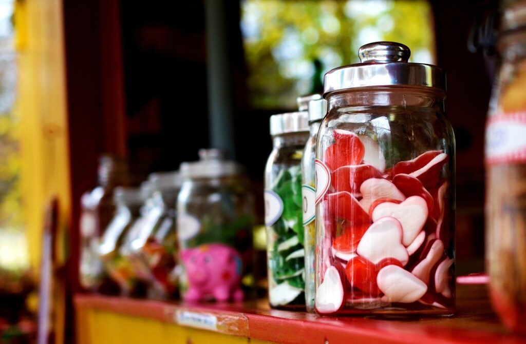 candies, jars, candy jars